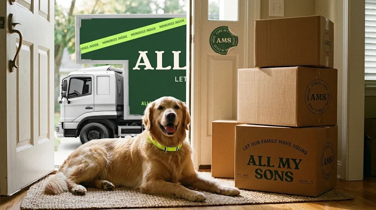 Candid 35mm film photography of a relaxed Golden Retriever dog resting happily beside a stack of brown cardboard moving boxes