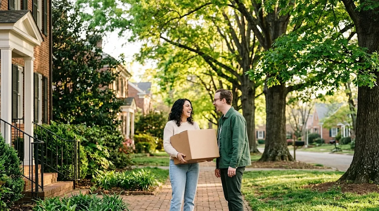 Clear, professional marketing photography of a happy couple standing on the front brick walkway of a charming, historic home