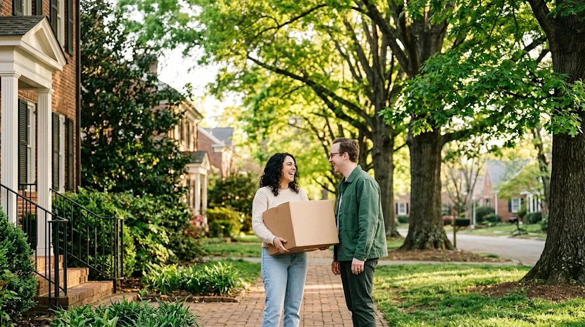 Clear, professional marketing photography of a happy couple standing on the front brick walkway of a charming, historic home