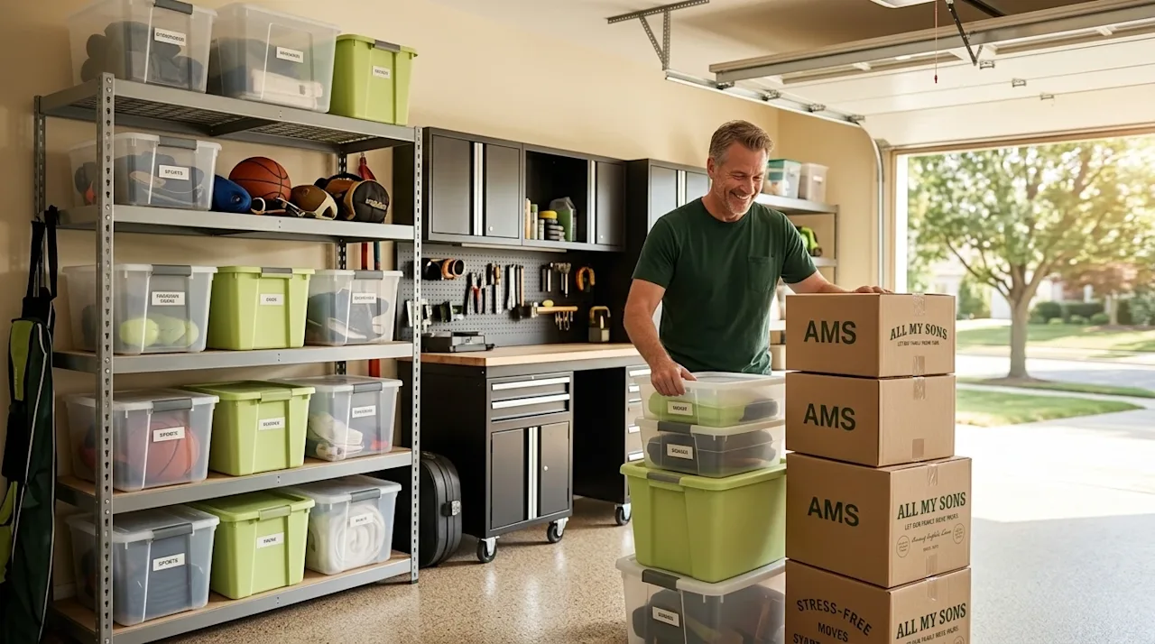 Professional marketing lifestyle photography of a spacious, well-organized home garage being tidied up. A casually dressed ho