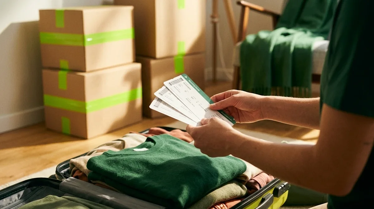 Authentic lifestyle photograph of a person's hands holding paper airline boarding passes over an open suitcase filled with ne