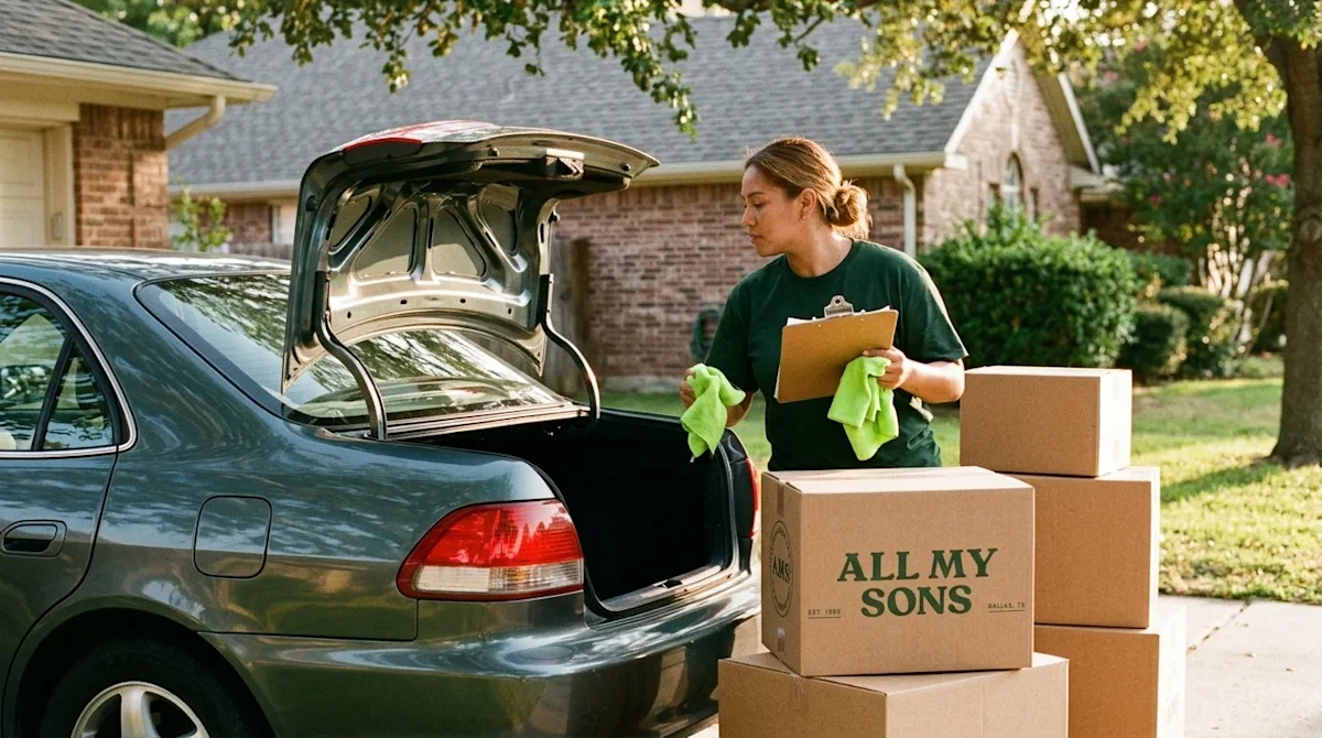 A candid, high-quality lifestyle photograph of a person preparing their car for cross-country shipment in a sunlit suburban d