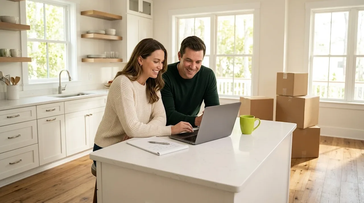 Clear and professional marketing photography of a couple happily planning their moving budget at a bright, airy kitchen islan