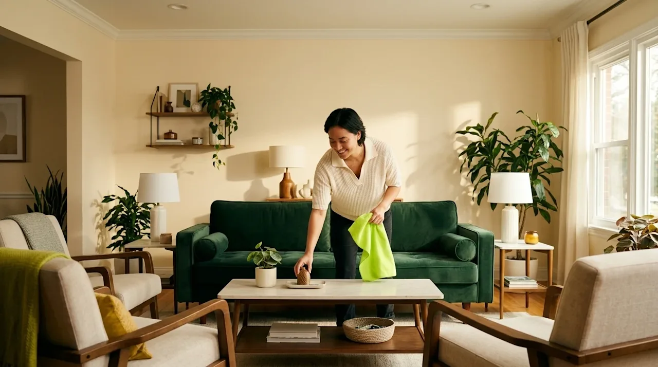 Professional marketing photography of a bright, welcoming living room being meticulously cleaned and staged for a house party