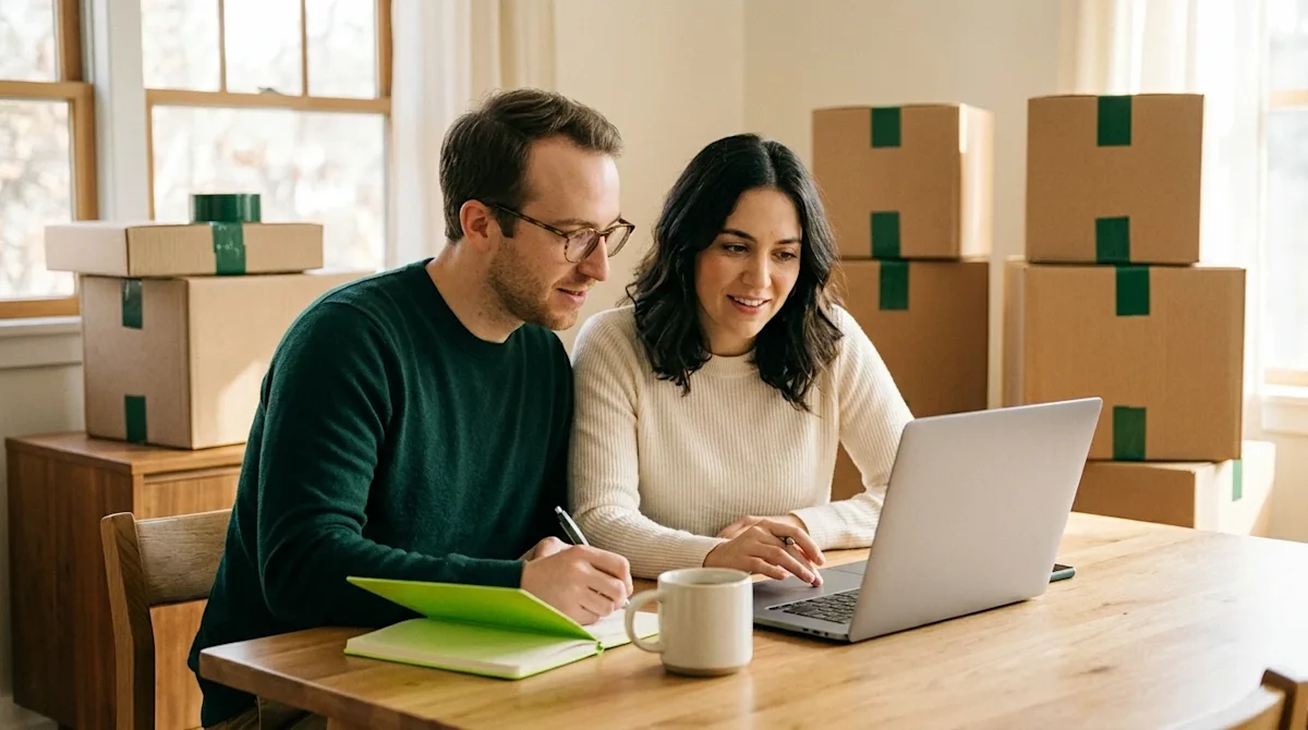 A candid, high-quality lifestyle photograph of a young couple sitting at a wooden dining table in a cozy, sunlit home, active