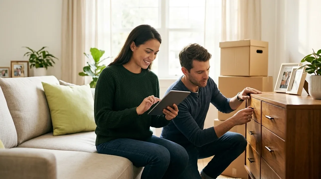 Professional lifestyle marketing photography of an organized young couple conducting a home inventory in a bright, sunlit liv