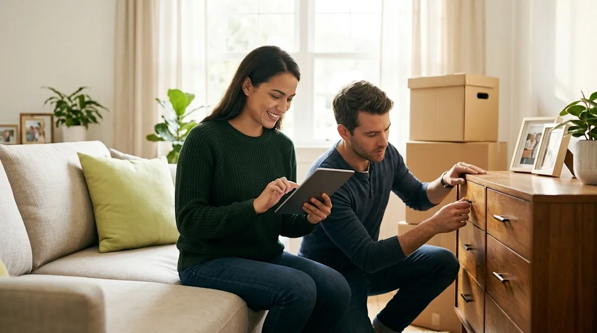Professional lifestyle marketing photography of an organized young couple conducting a home inventory in a bright, sunlit liv