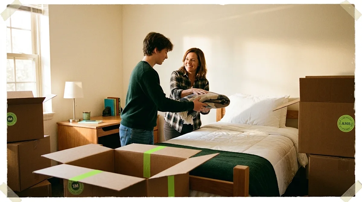 Authentic 35mm film photography of a parent and their teenage child unpacking natural brown cardboard moving boxes inside a c