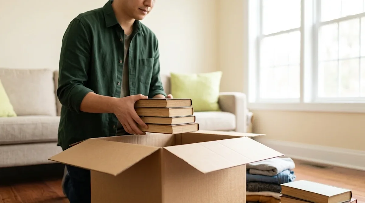 Clear, professional marketing lifestyle photography of a homeowner in a brightly lit, comfortable living room, sorting throug
