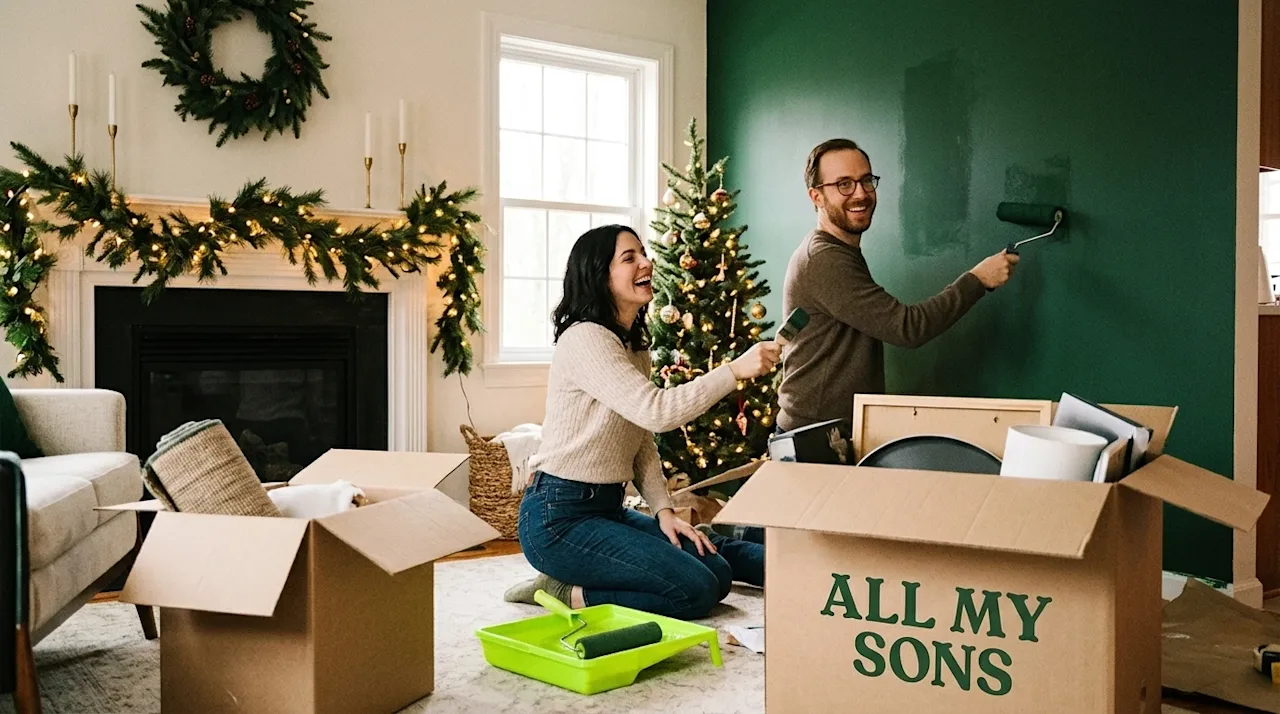 A heartwarming, photorealistic lifestyle photograph of a couple doing a simple home renovation during the holiday season. The