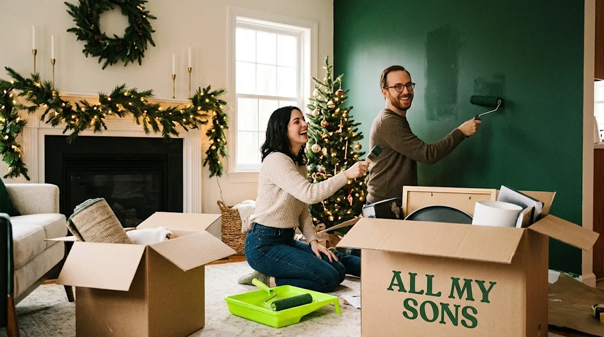 A heartwarming, photorealistic lifestyle photograph of a couple doing a simple home renovation during the holiday season. The