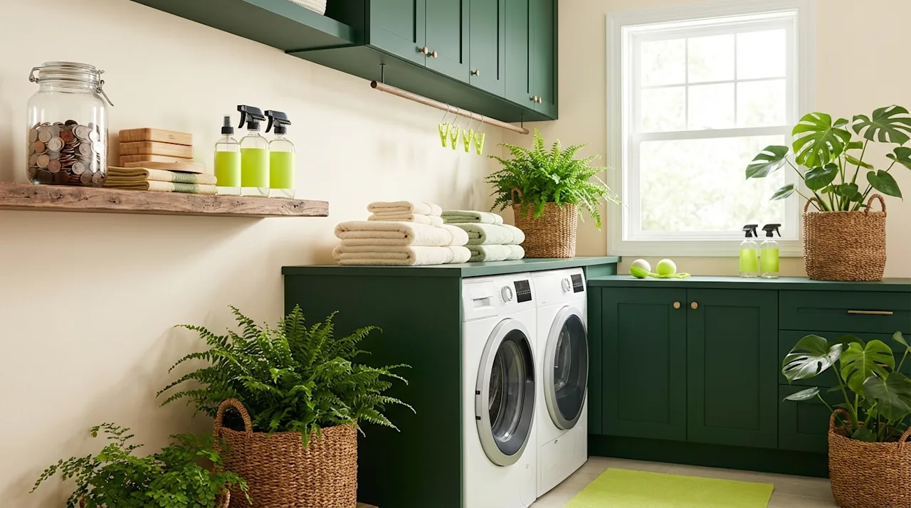 Modern laundry room featuring energy-efficient appliances, dark green cabinets, and eco-friendly home organization tips.