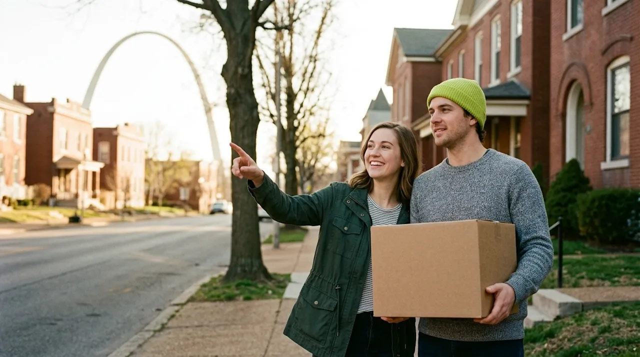 A happy couple taking a break from moving, standing on the sidewalk of a charming St. Louis neighborhood.
