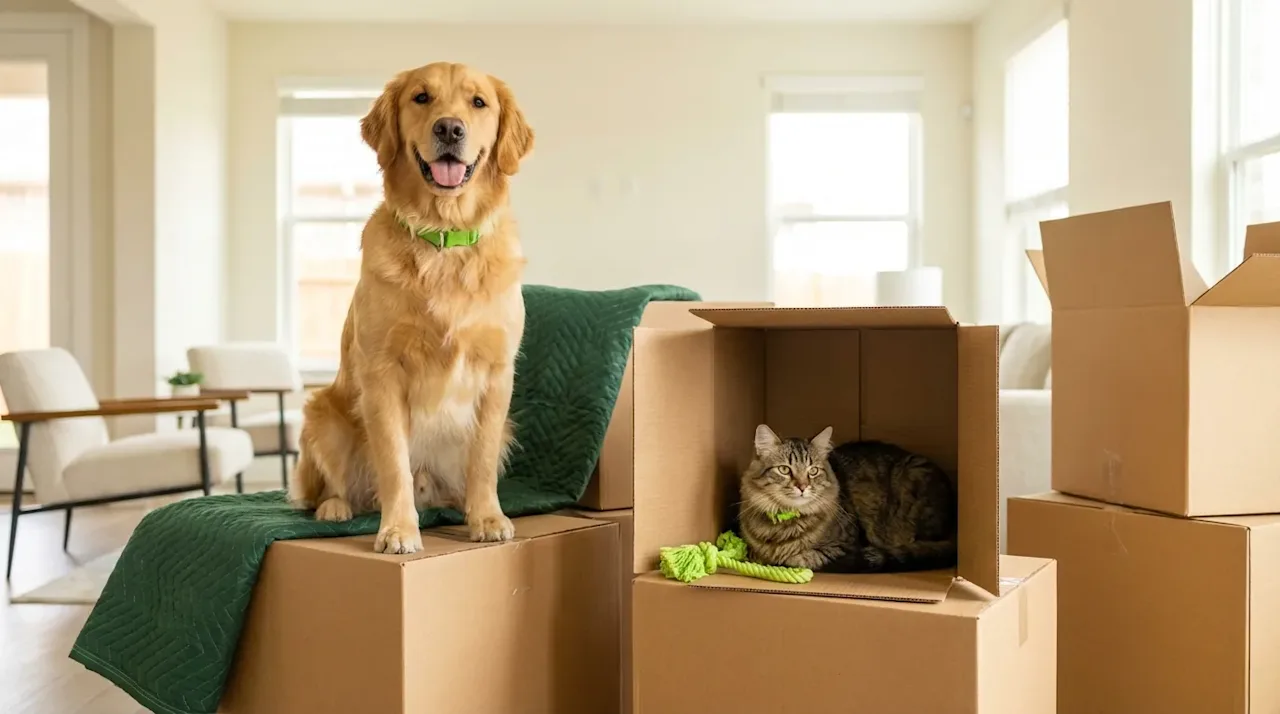 Golden retriever and cat with moving boxes in a sunlit modern living room for a stress-free relocation.