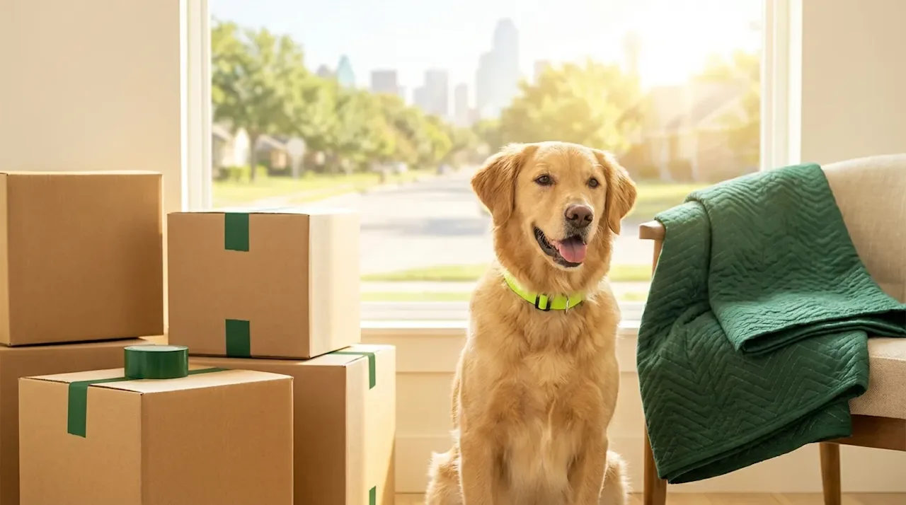 Happy dog sitting by moving boxes with Dallas skyline view, showing a stress-free pet-friendly move.