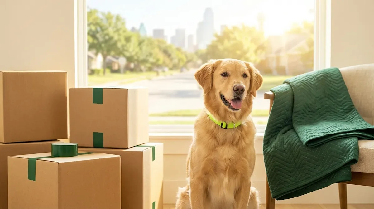 Happy dog sitting by moving boxes with Dallas skyline view, showing a stress-free pet-friendly move.