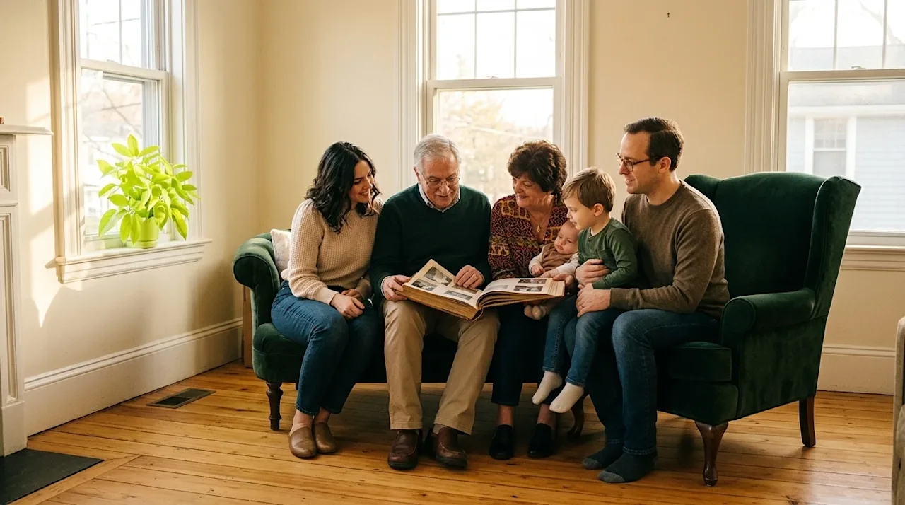 Professional marketing photography of a multi-generational family sitting together in a sunlit, character-filled living room,