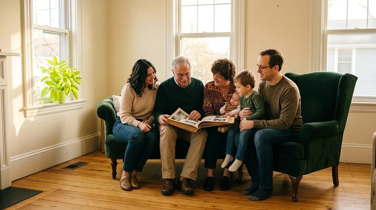 Professional marketing photography of a multi-generational family sitting together in a sunlit, character-filled living room,