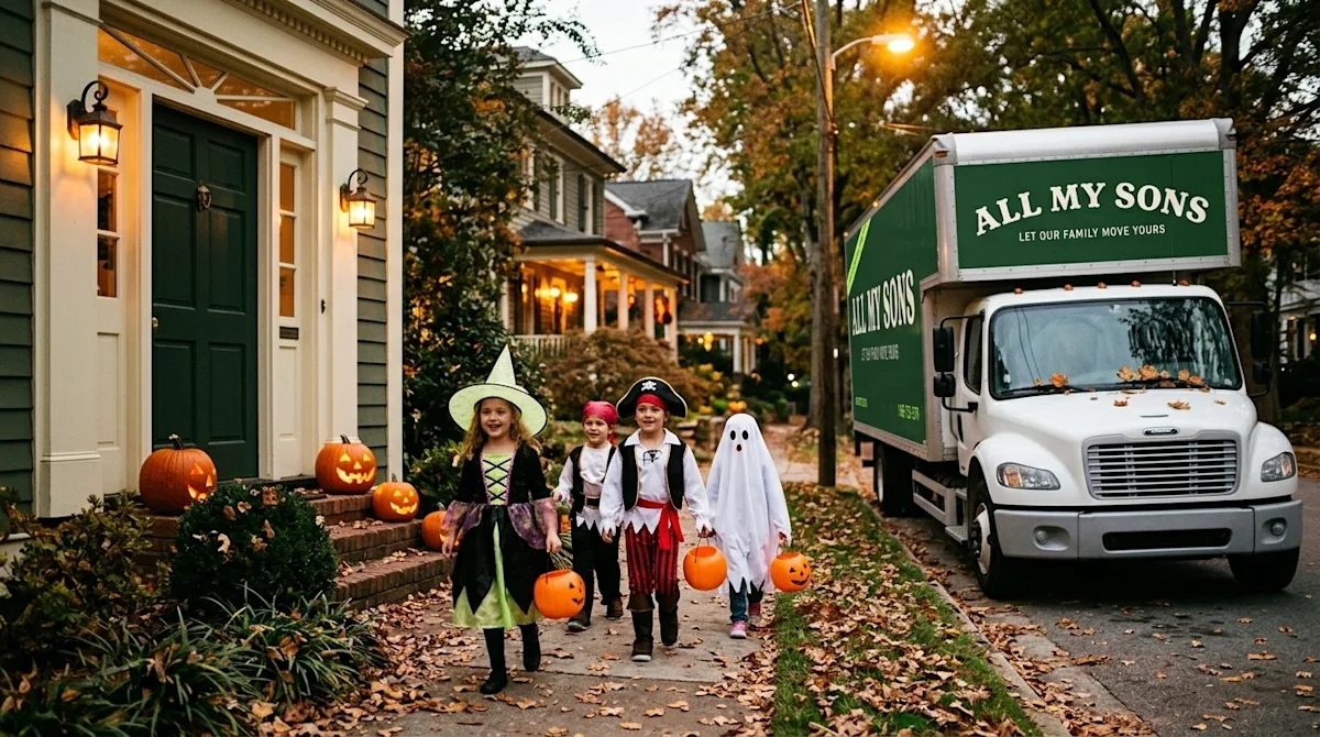 An All My Sons moving truck parked on a residential street behind trick or treaters dressed up on Halloween in a neighborhood in Atlanta.