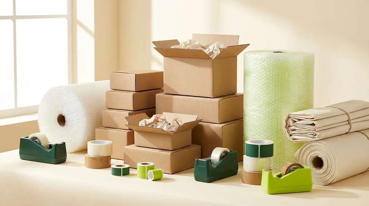 Neat arrangement of professional moving supplies including boxes, bubble wrap, and packing tape dispensers.