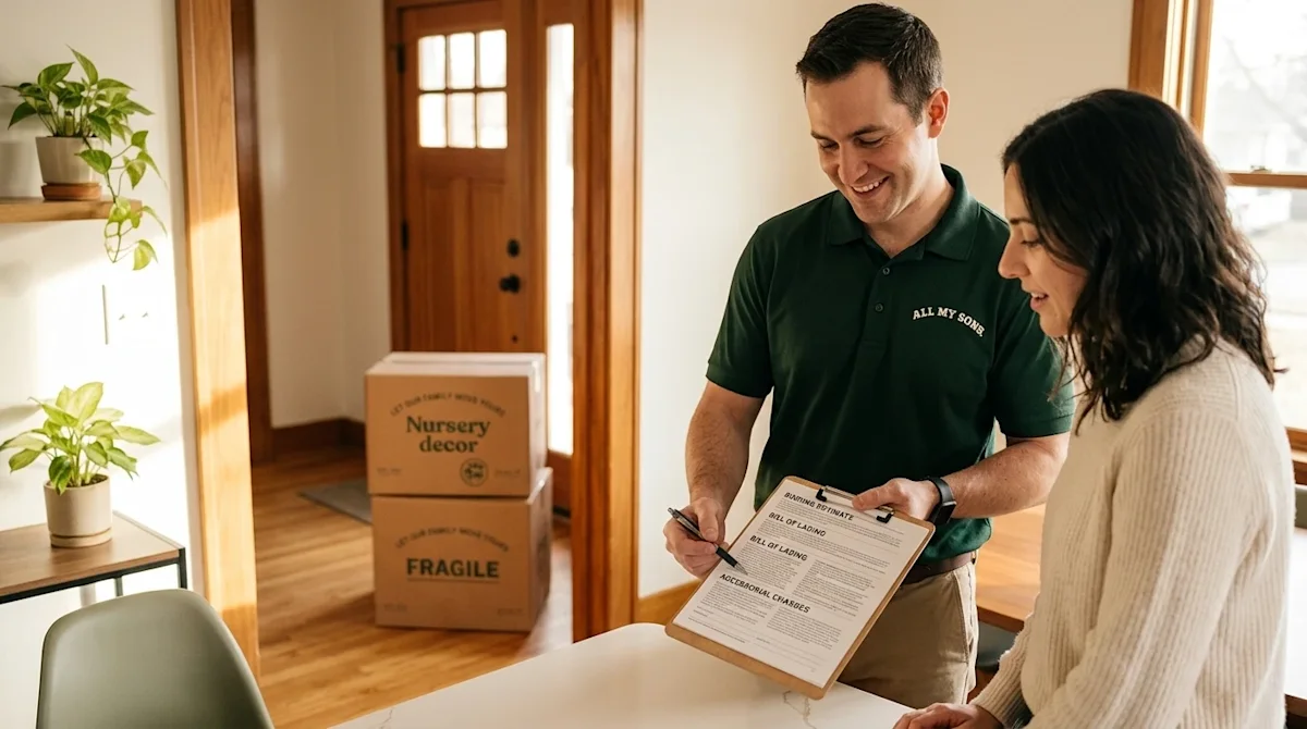 Clear, professional marketing photography of a friendly moving specialist in a dark forest green polo shirt explaining a deta