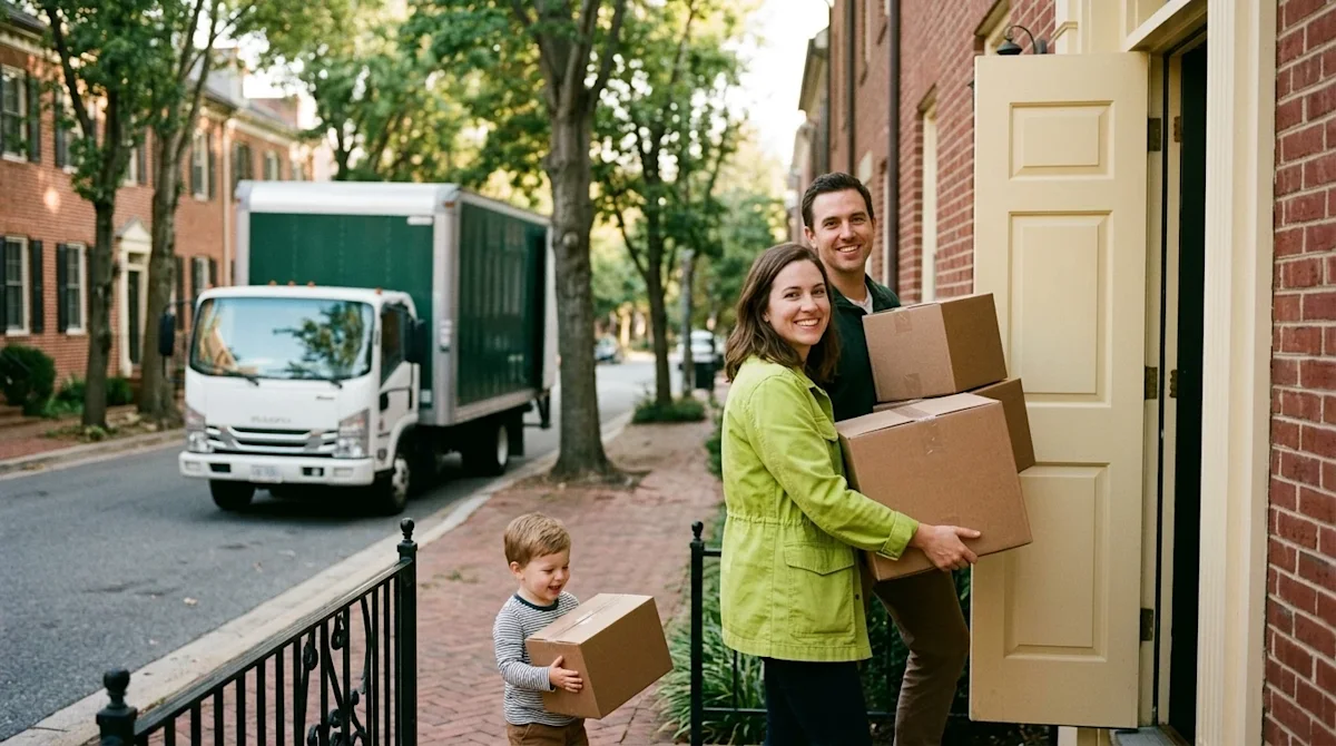 Candid lifestyle photography of a happy family moving into a classic red brick townhome in Maryland. A smiling couple and a y