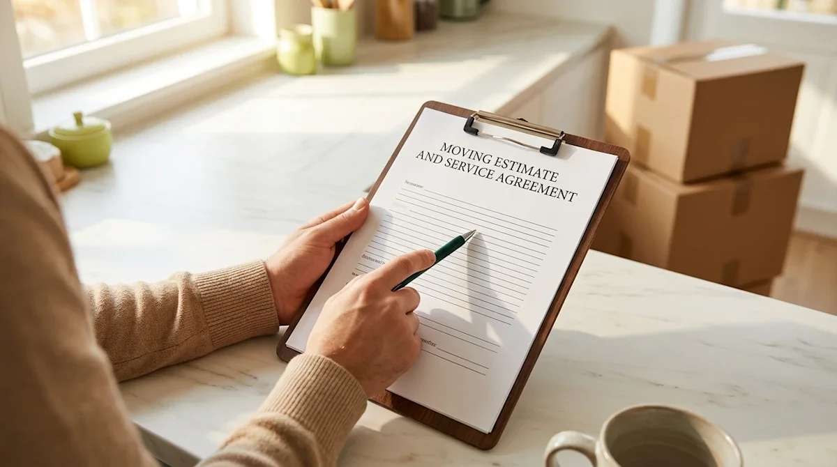 Clear and professional marketing photography of a moving consultation taking place in a bright, well-lit modern home. Close-u