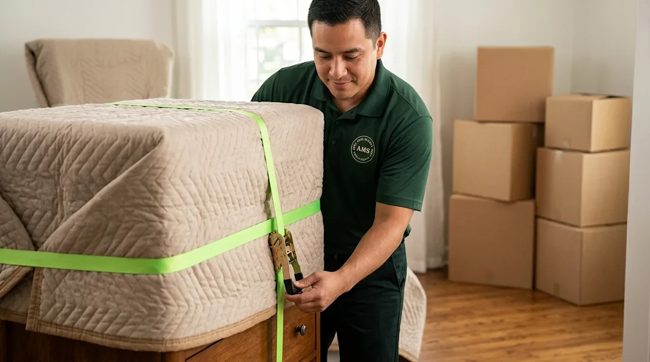 Professional marketing photography of a careful, professional mover preparing a piece of furniture for a safe move inside a b