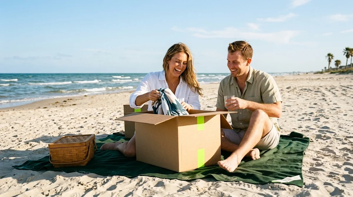 High-quality lifestyle photography of a joyful couple relaxing on a beautiful Corpus Christi beach on a bright, sunny day. Th