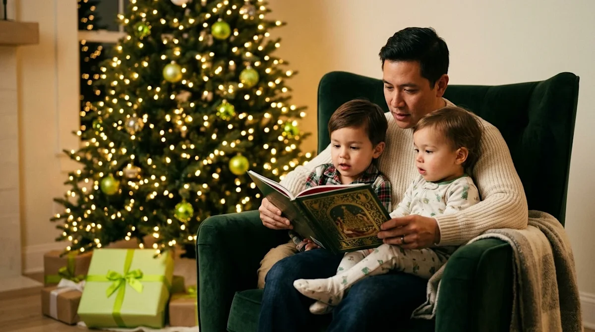 Professional marketing photography of a cozy, authentic family holiday moment. A parent wearing a cream-colored knit sweater