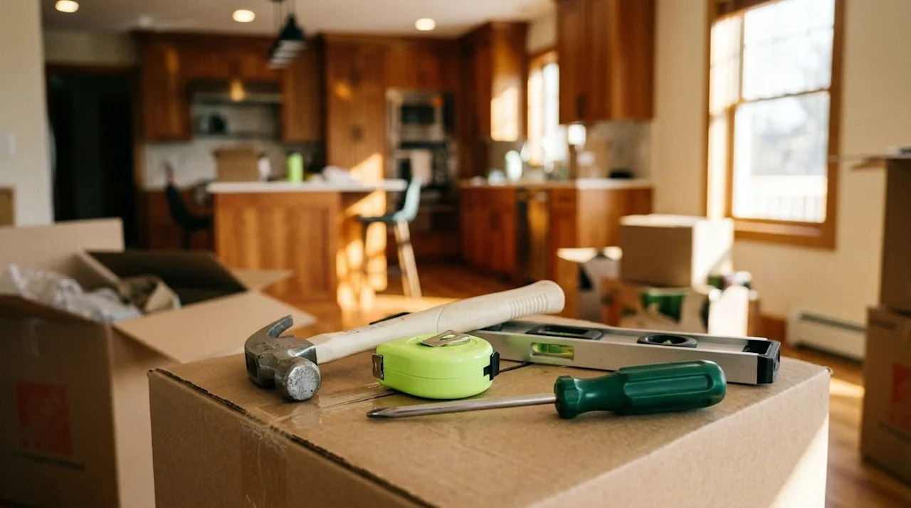 A candid, warm lifestyle photograph focusing on a collection of essential homeowner tools resting on a kraft-paper brown movi