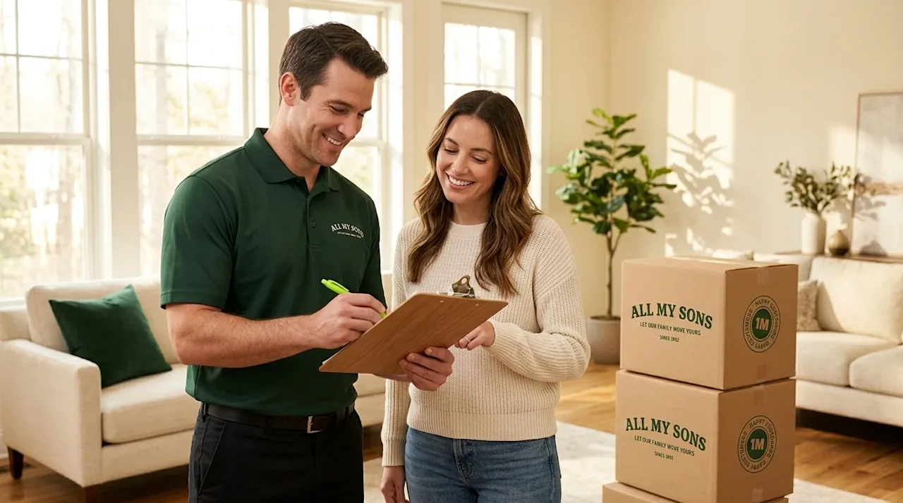 Professional marketing photography of a friendly, smiling mover in a dark forest green polo shirt reviewing a checklist on a