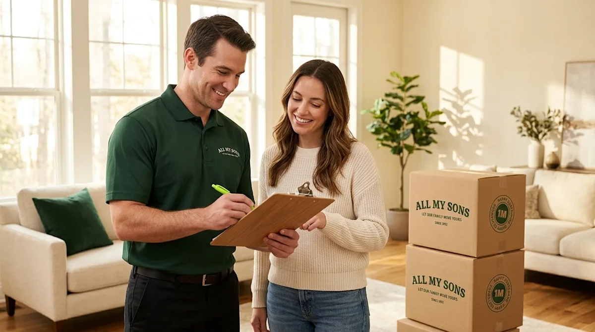Professional marketing photography of a friendly, smiling mover in a dark forest green polo shirt reviewing a checklist on a