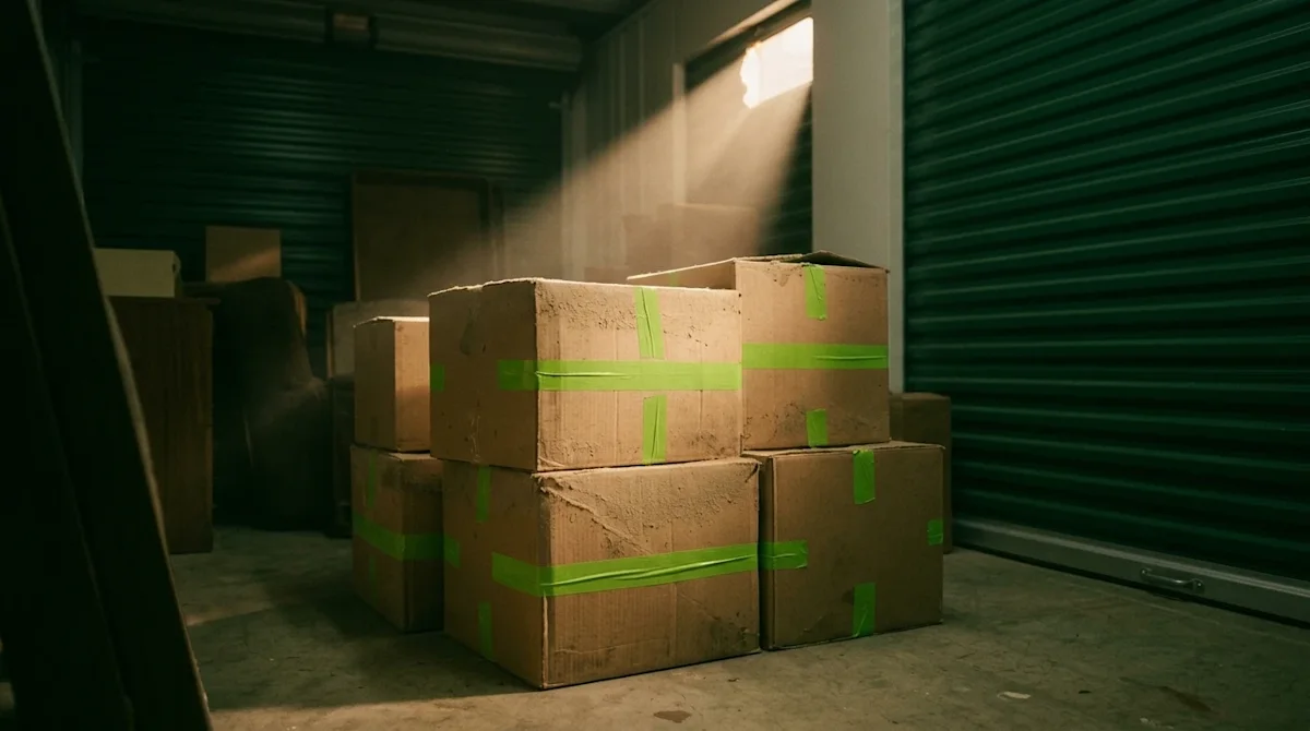 Cinematic photography of the interior of a dimly lit storage unit. In the center sits a stack of slightly aged, dusty brown c