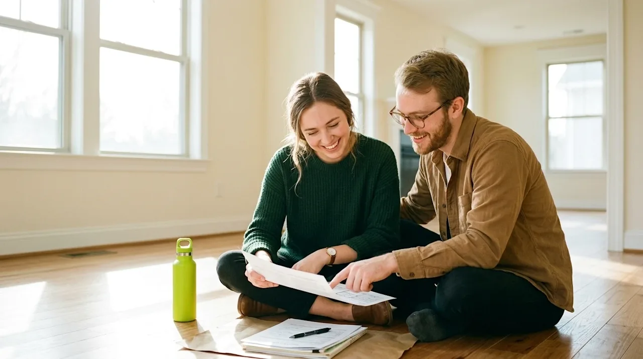 Photorealistic candid lifestyle photography of a joyful couple sitting on the clean hardwood floor of a bright, empty, newly