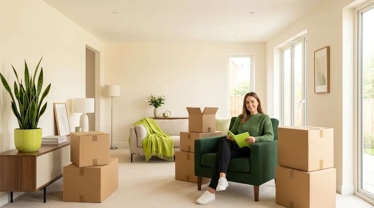 A home seller sits in a green armchair surrounded by neat moving boxes in a bright, modern, professionally staged room.