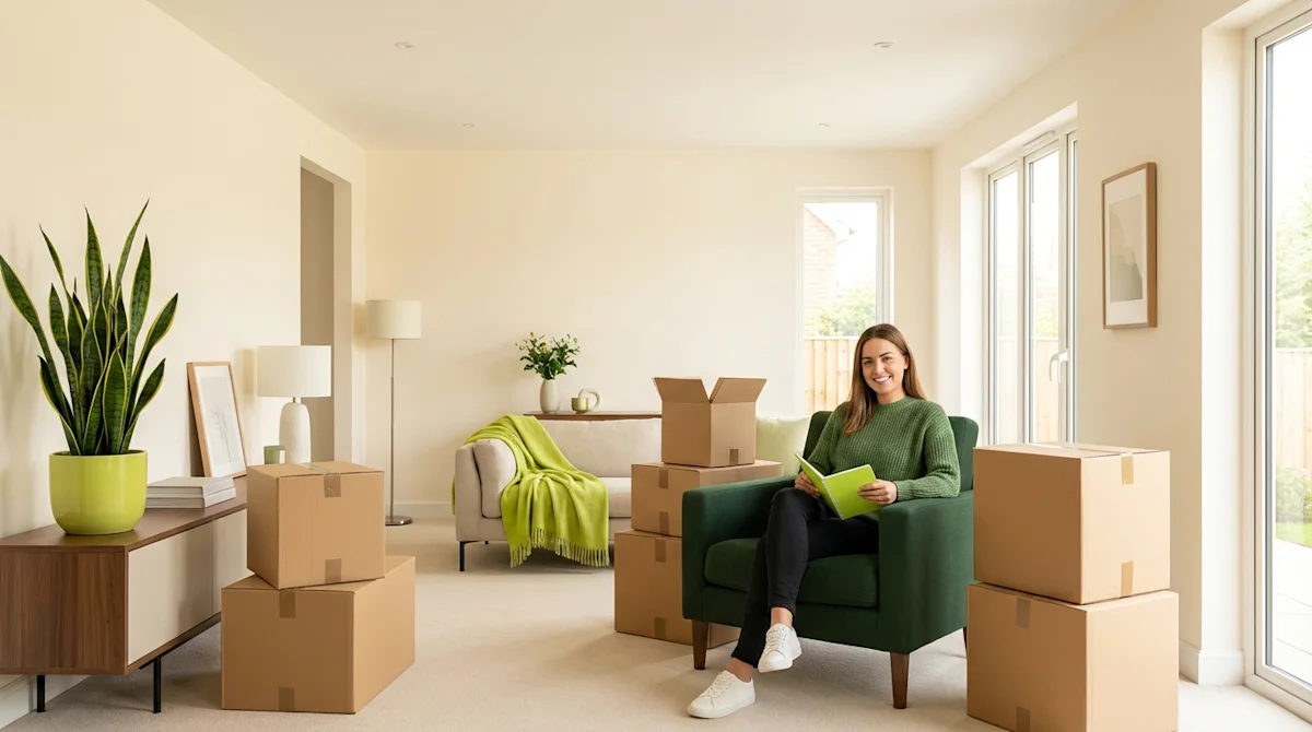 A home seller sits in a green armchair surrounded by neat moving boxes in a bright, modern, professionally staged room.