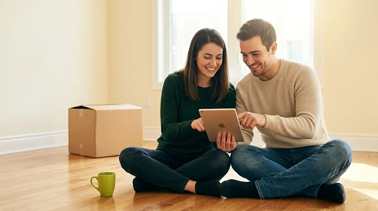 Clear, professional marketing photography capturing a happy young couple sitting cross-legged on the hardwood floor of their