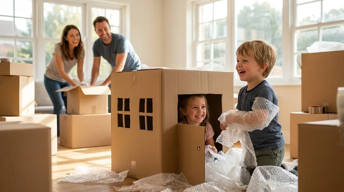 Professional lifestyle photography of a happy family having fun together on moving day. Two joyful young children are playing