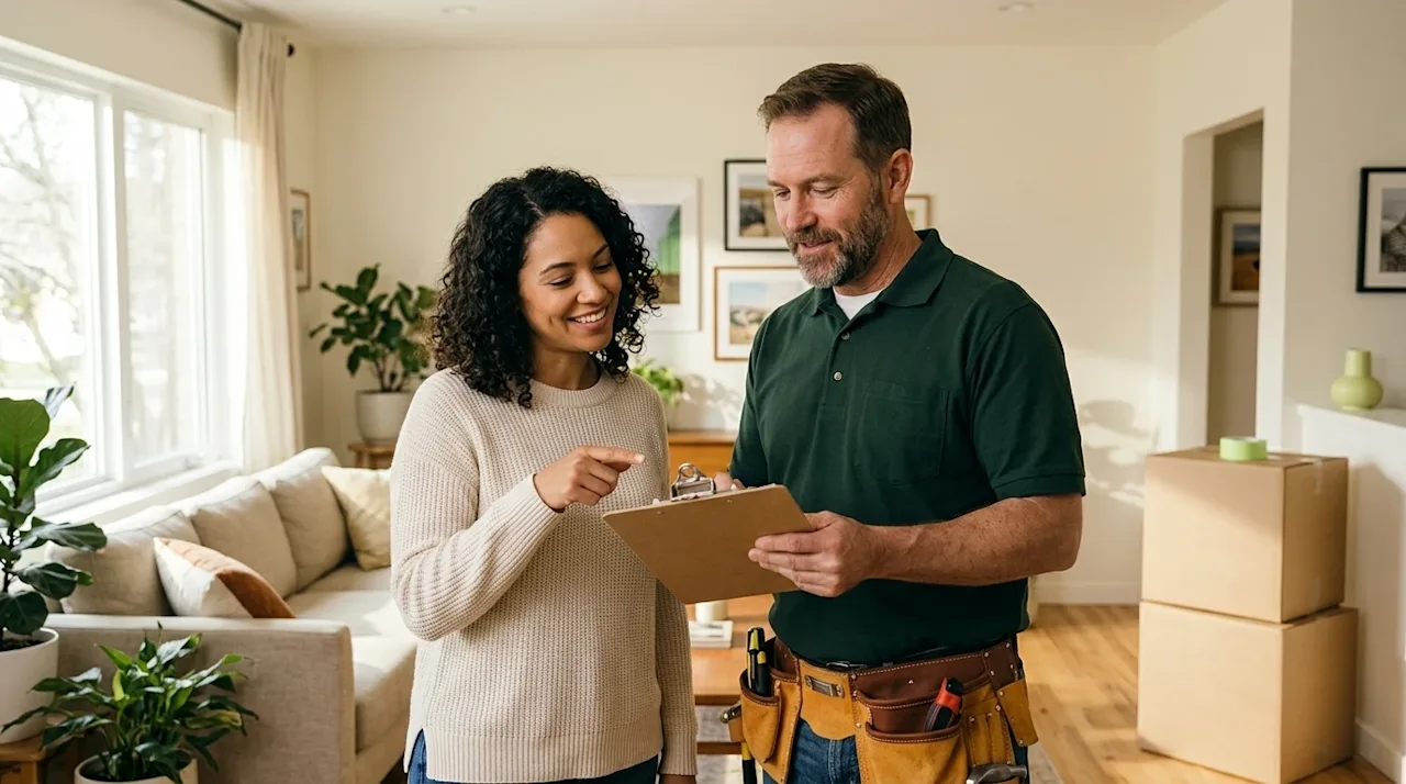Professional marketing photography of a friendly handyman in a dark forest green work polo and toolbelt discussing a home pro