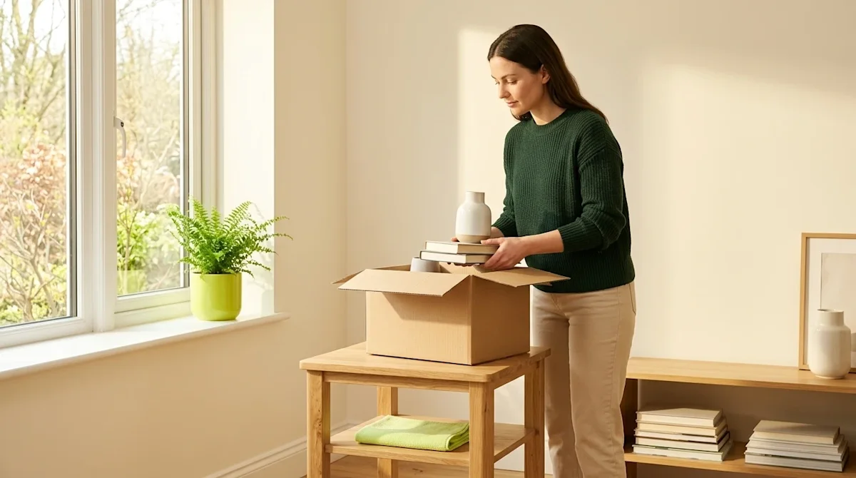 Clear, professional marketing photography of a bright, airy living room being organized for spring cleaning. A casually dress