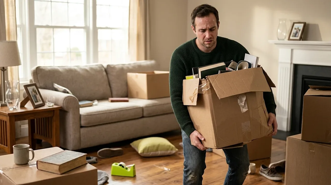 Professional marketing photography of an exhausted, stressed homeowner in a messy living room, awkwardly struggling to carry