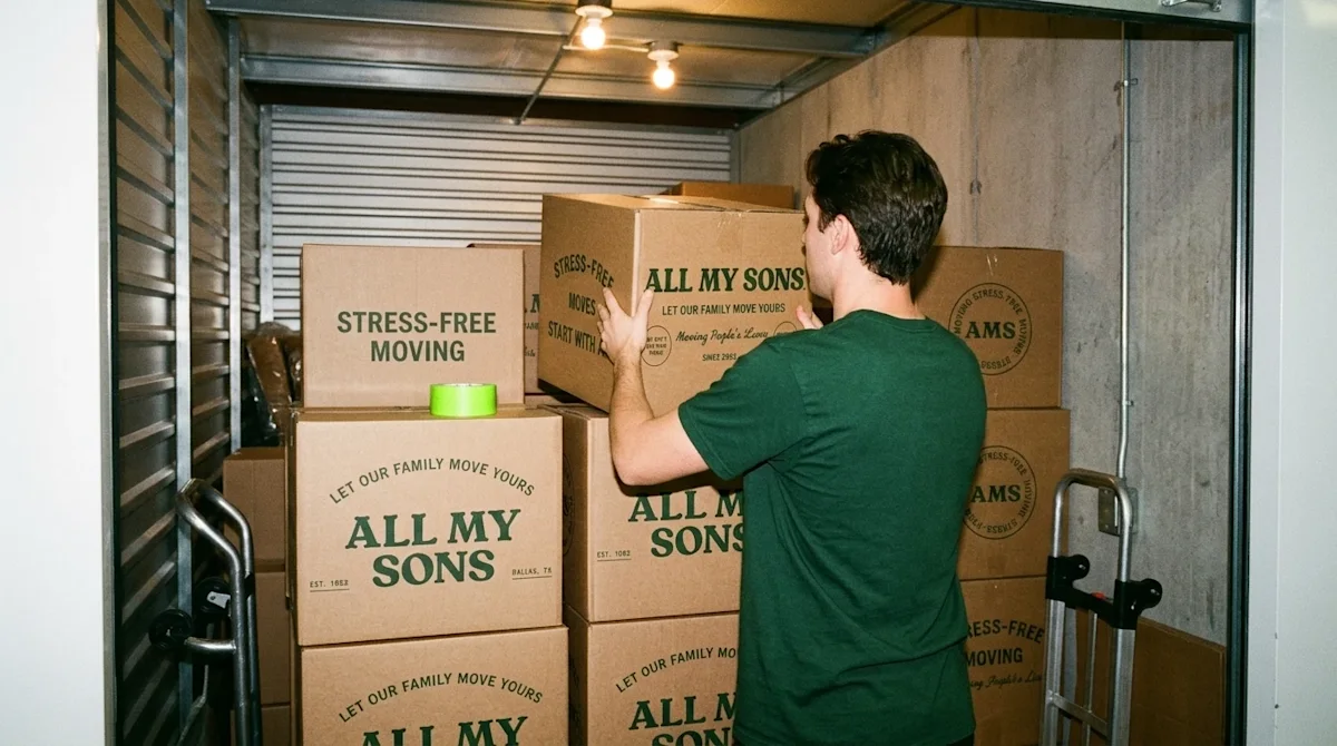 A professional mover in a green shirt carefully stacking All My Sons cardboard moving boxes in a storage unit.