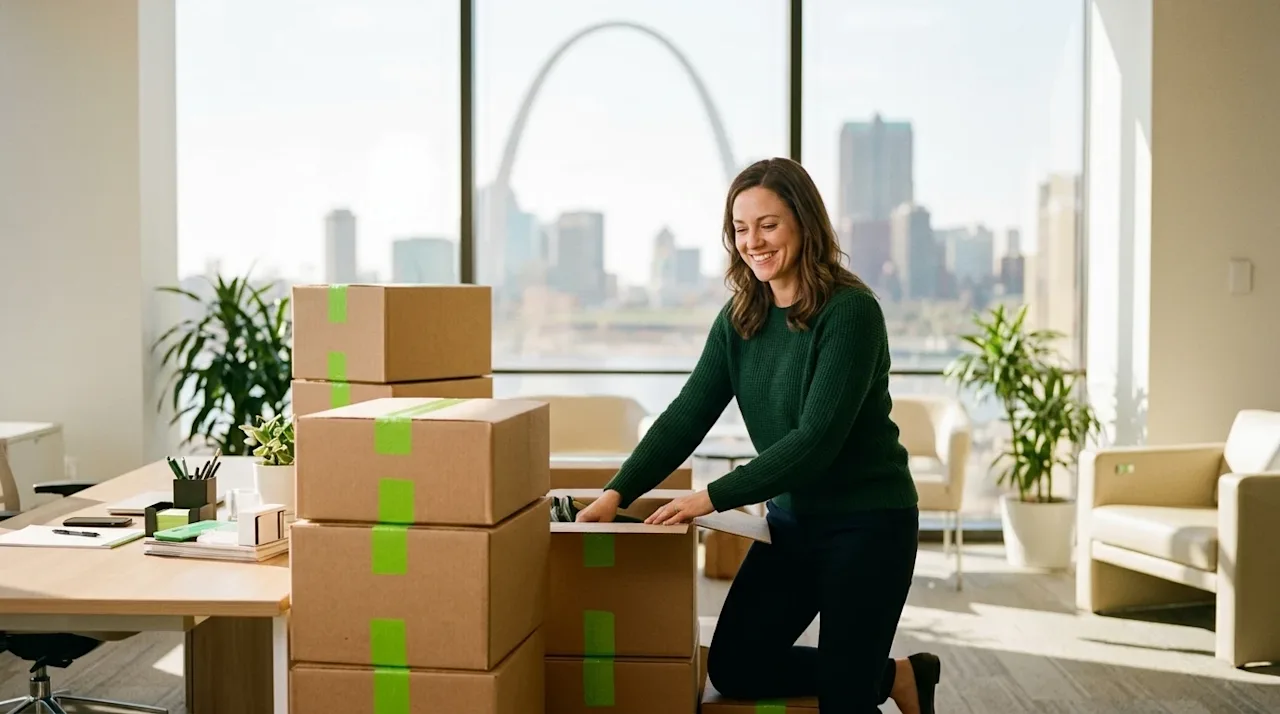 Candid lifestyle photography of a stress-free business relocation to St. Louis. Inside a bright, modern office space, a smili