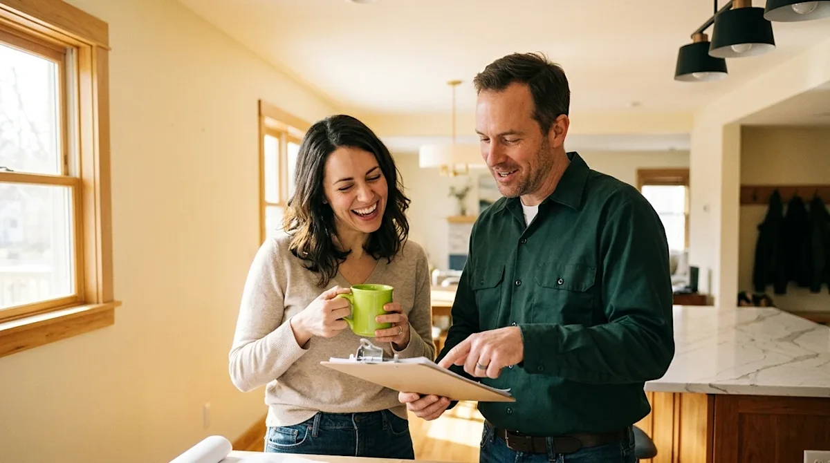 Candid 35mm lifestyle film photography of a smiling homeowner having a positive, collaborative conversation with a profession