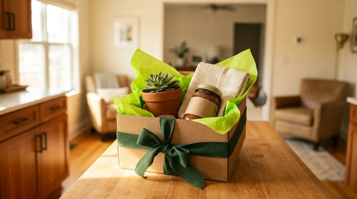 Clear, professional lifestyle marketing photography of a beautifully curated "Welcome to San Antonio" gift arrangement restin