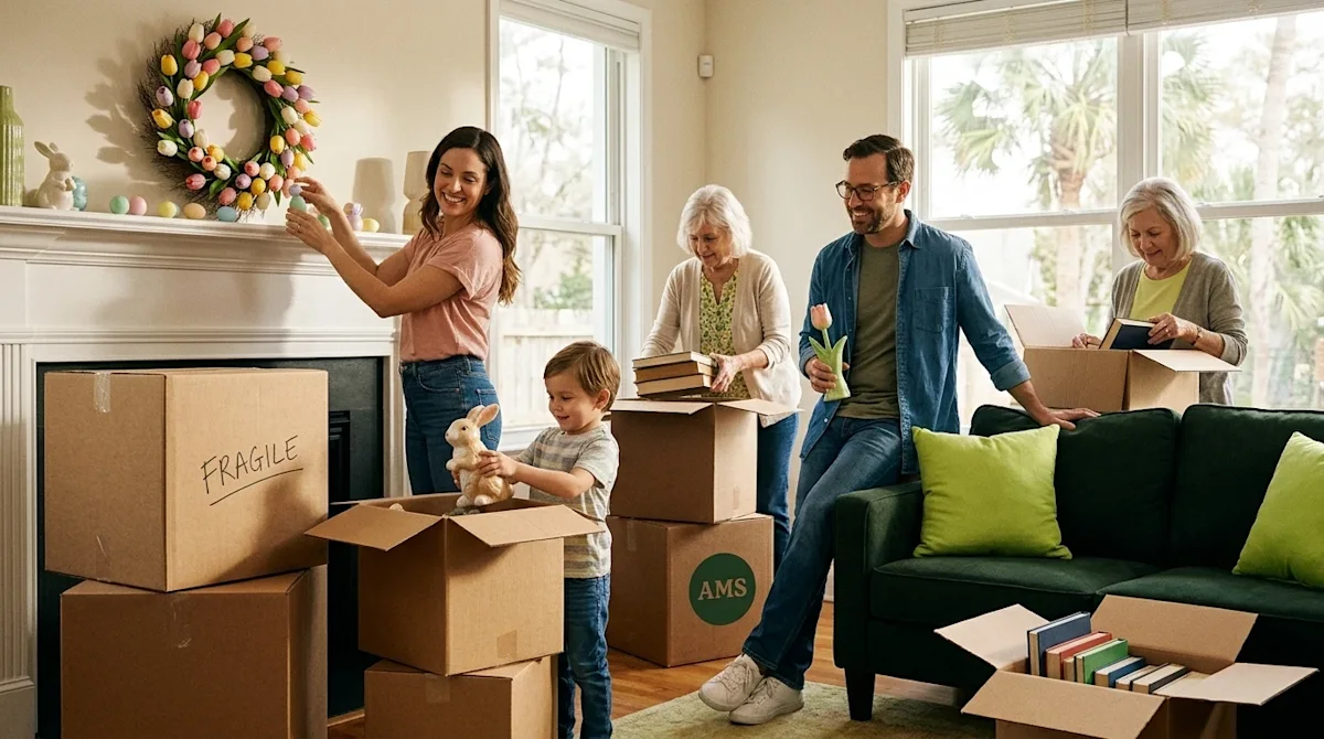 Lifestyle photography of a cheerful family in a bright, sunlit Jacksonville living room, decorating for Easter right after mo