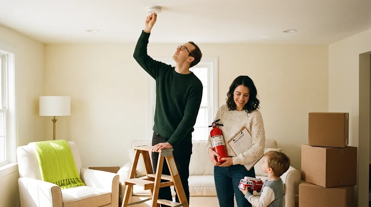 Candid 35mm lifestyle photography of a young family focusing on house fire preparedness in their new home. A young father sta