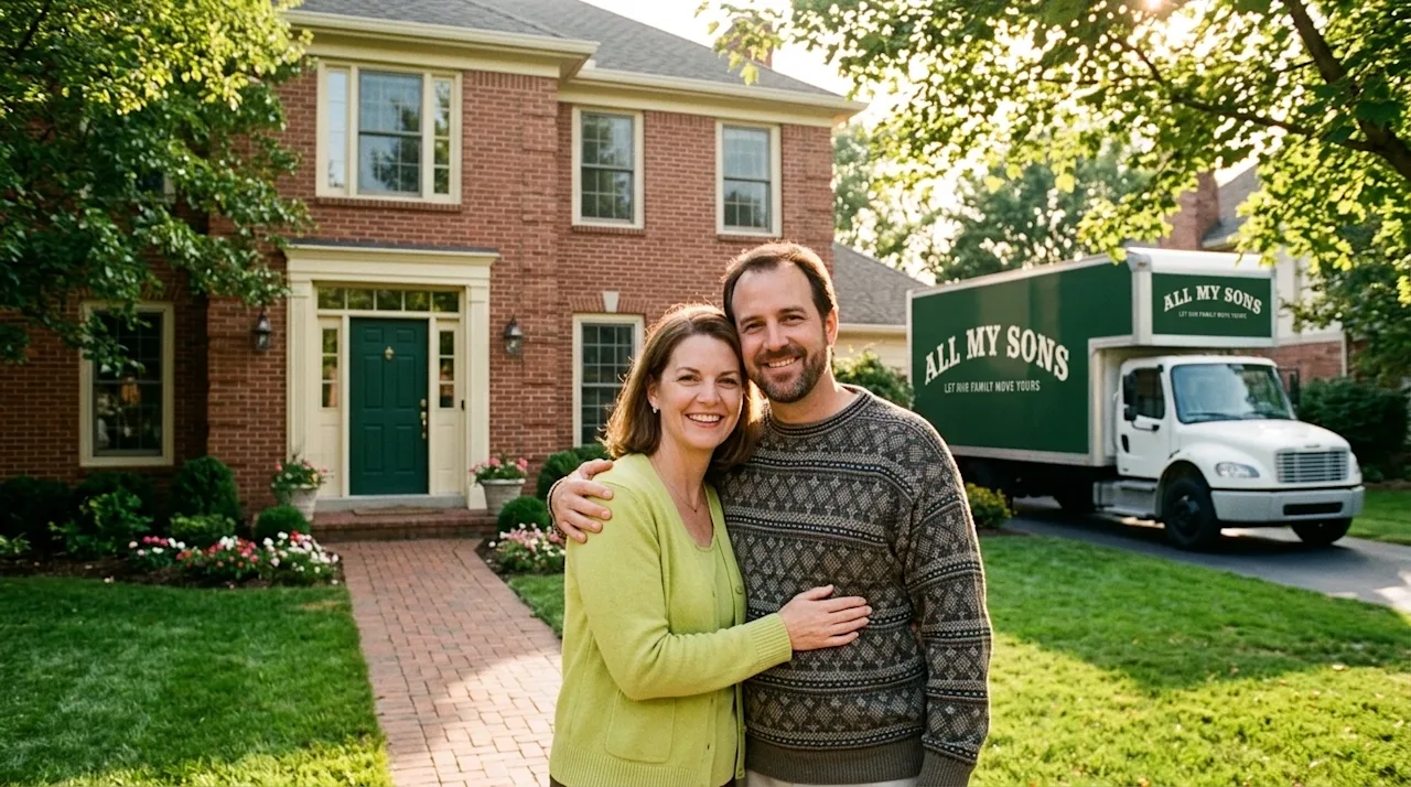 High-quality lifestyle photography of a welcoming, picturesque suburban neighborhood representing New Albany, Ohio. A happy c