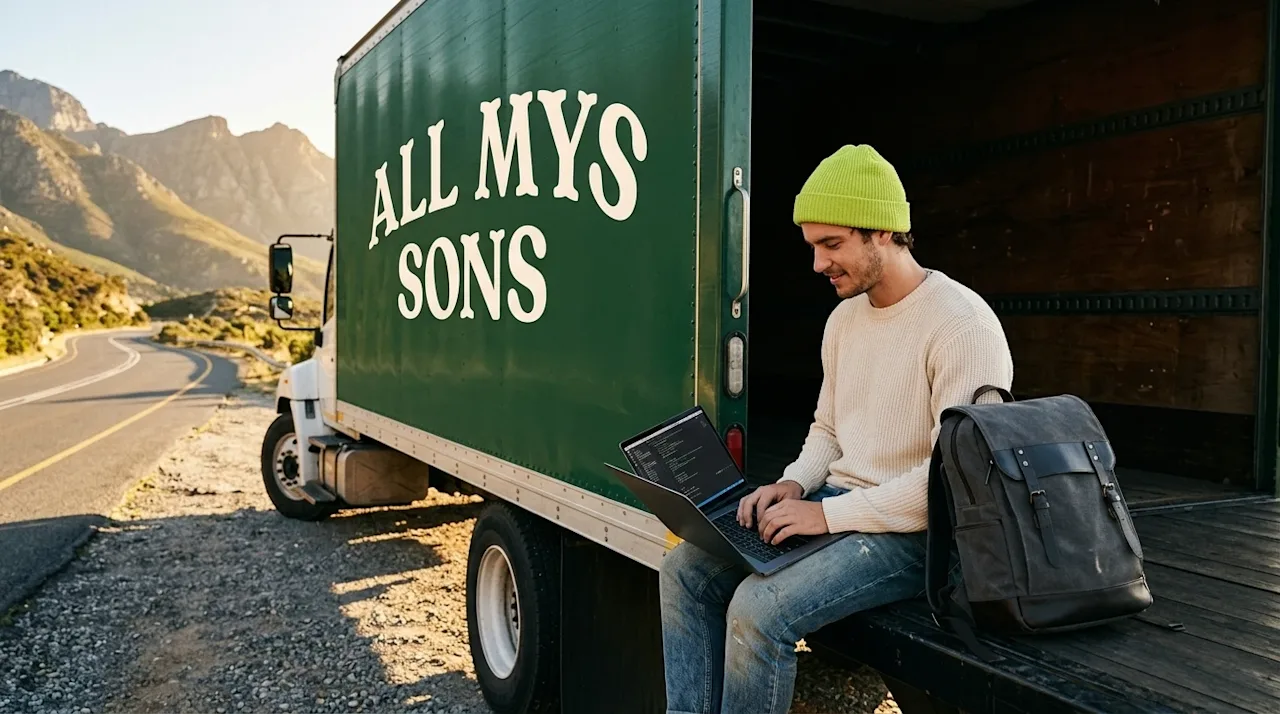 A photorealistic, candid 35mm-style lifestyle photograph of a young digital nomad working on a laptop while sitting on the op